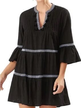 Tommy Bahama V Neck Embroidered Tiered Cotton Dress Black White Trim Boho Resort